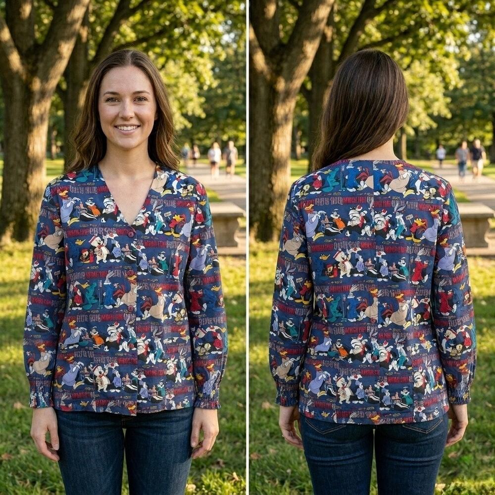 Looney Tunes Womens Button Up V-Nevk Long Sleeve Smock with Pockets